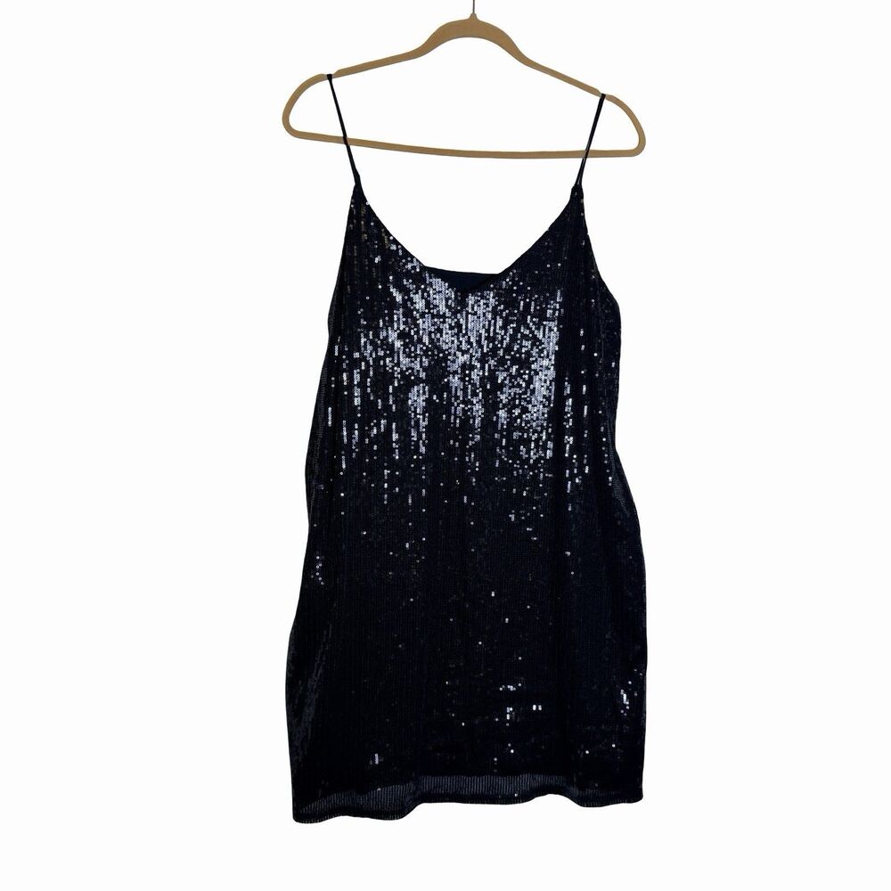 A New Day Dress Women's Large Black Paillette Mini Evening Shift Slip Sequin